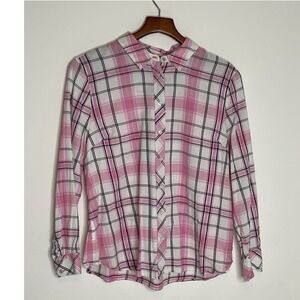Talbots Petite XLp Pink Plaid Button Down Shirt Floral Contrast Preppy Soft Girl